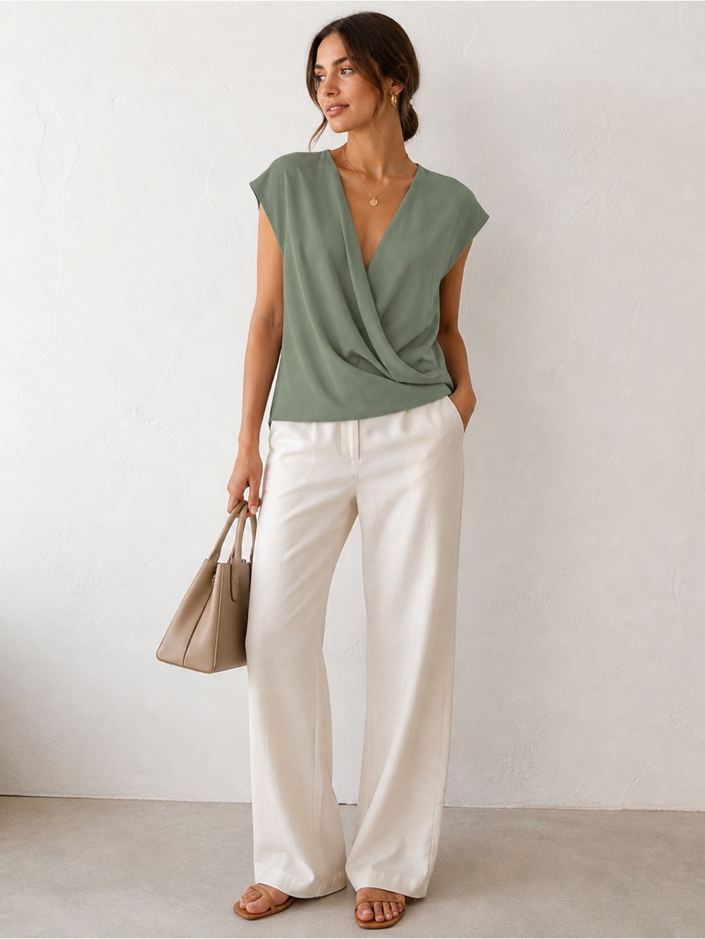 ZARA Green Draped V Neck Top Size S Sleeveless Blouse NWT Casual Chic